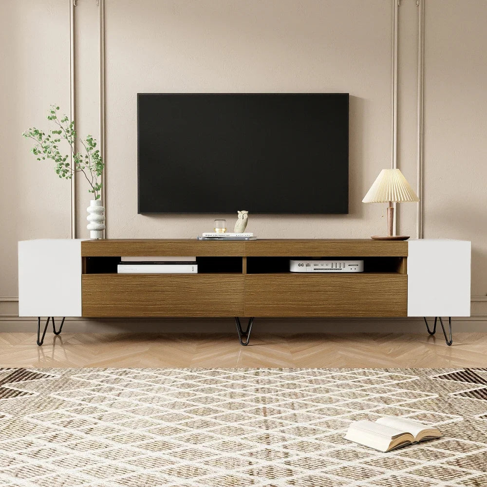 Meuble TV 180×36×43 cm – Bicolore Noir & Bois, Niches Latérales Ouvertes
