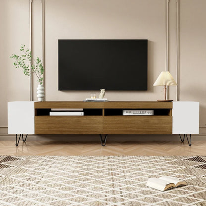 Meuble TV 180×36×43 cm – Bicolore Noir & Bois, Niches Latérales Ouvertes
