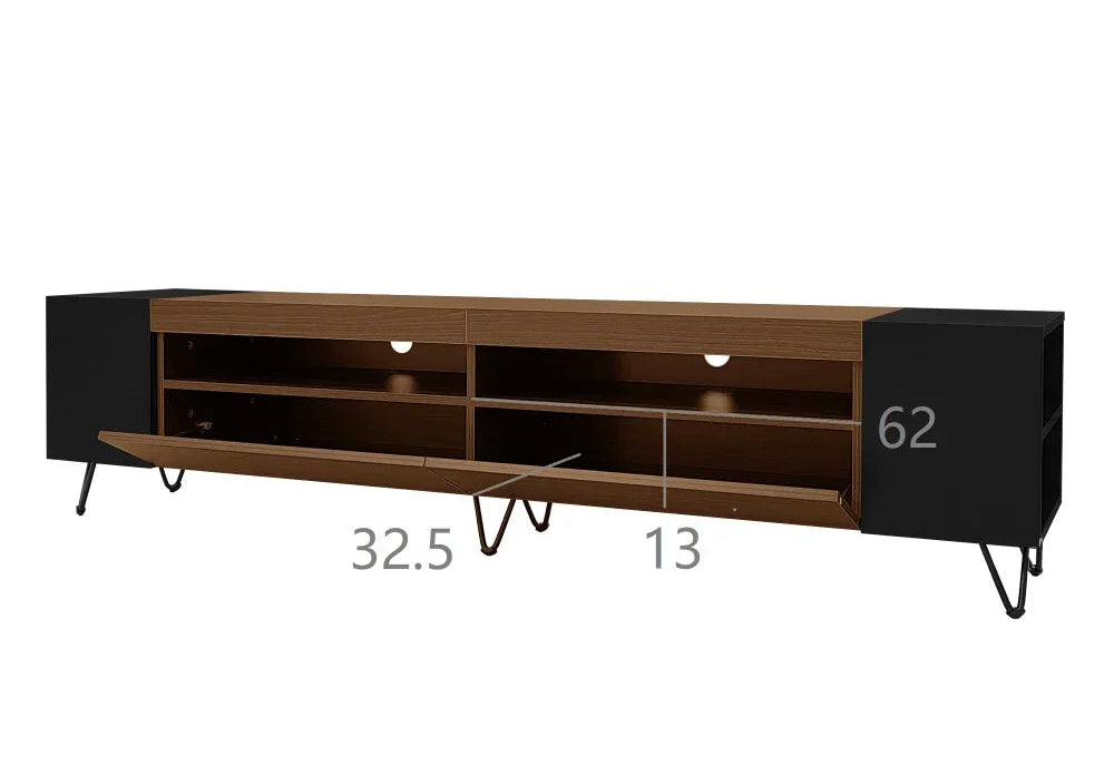 Meuble TV 180×36×43 cm – Bicolore Noir & Bois, Niches Latérales Ouvertes