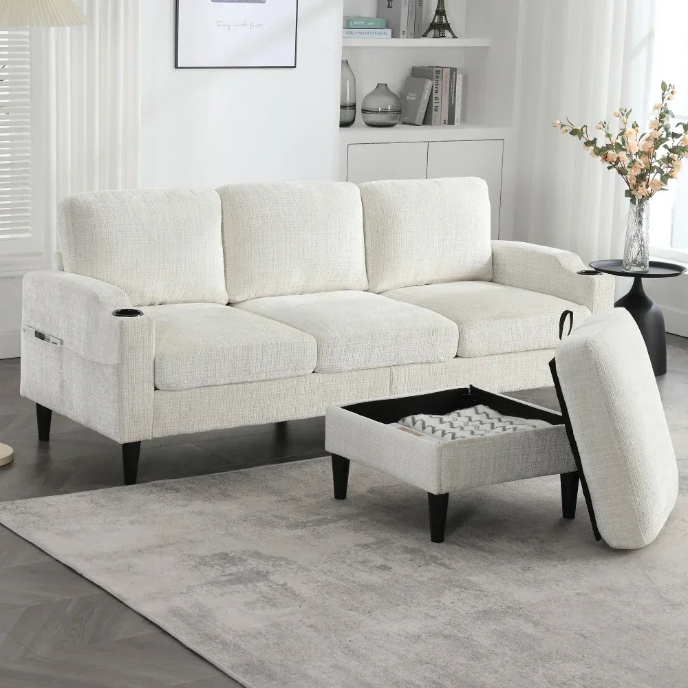 Canapé 3 Places en Chenille avec Pouf