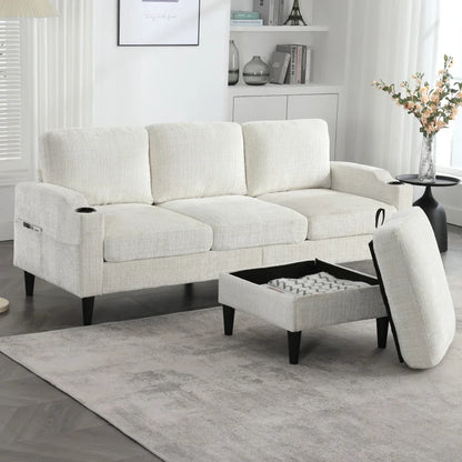 Canapé 3 Places en Chenille avec Pouf