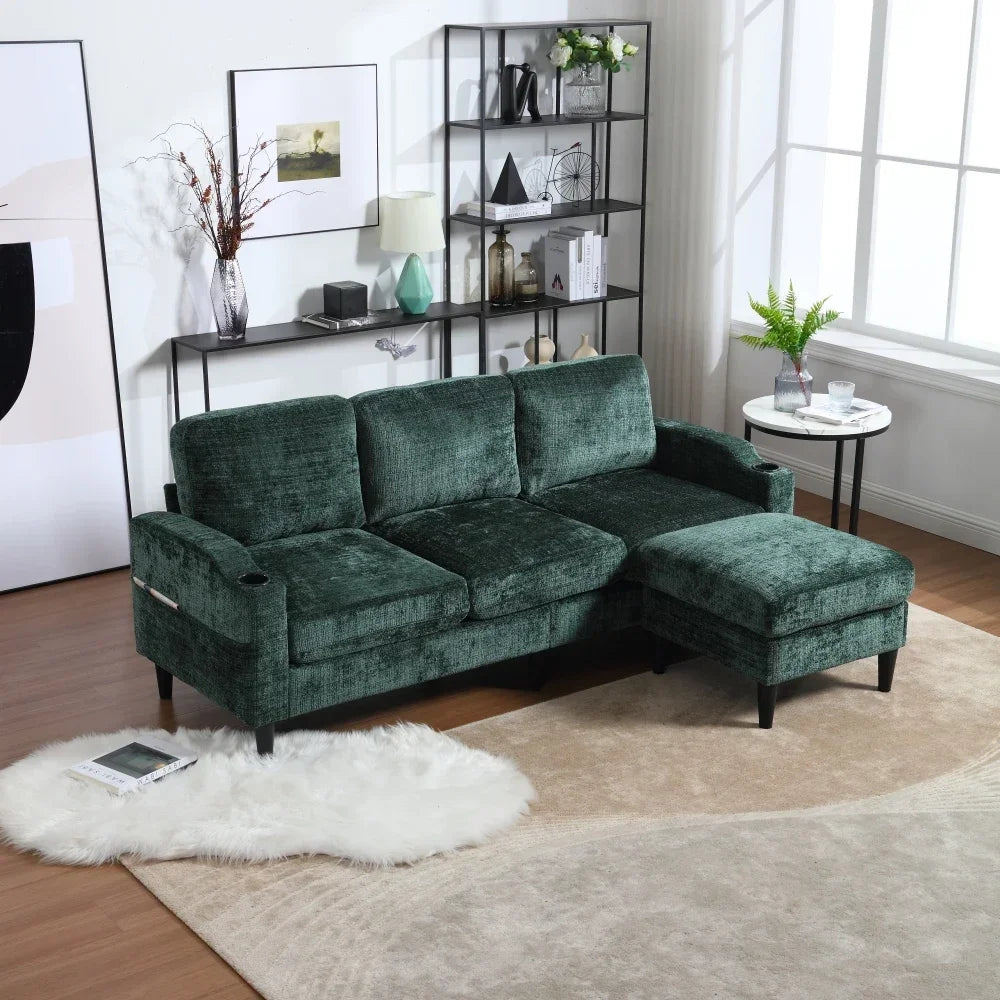 Canapé 3 Places en Chenille avec Pouf