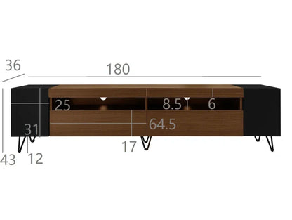 Meuble TV 180×36×43 cm – Bicolore Noir & Bois, Niches Latérales Ouvertes