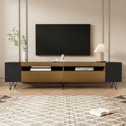 Meuble TV 180×36×43 cm – Bicolore Noir & Bois, Niches Latérales Ouvertes