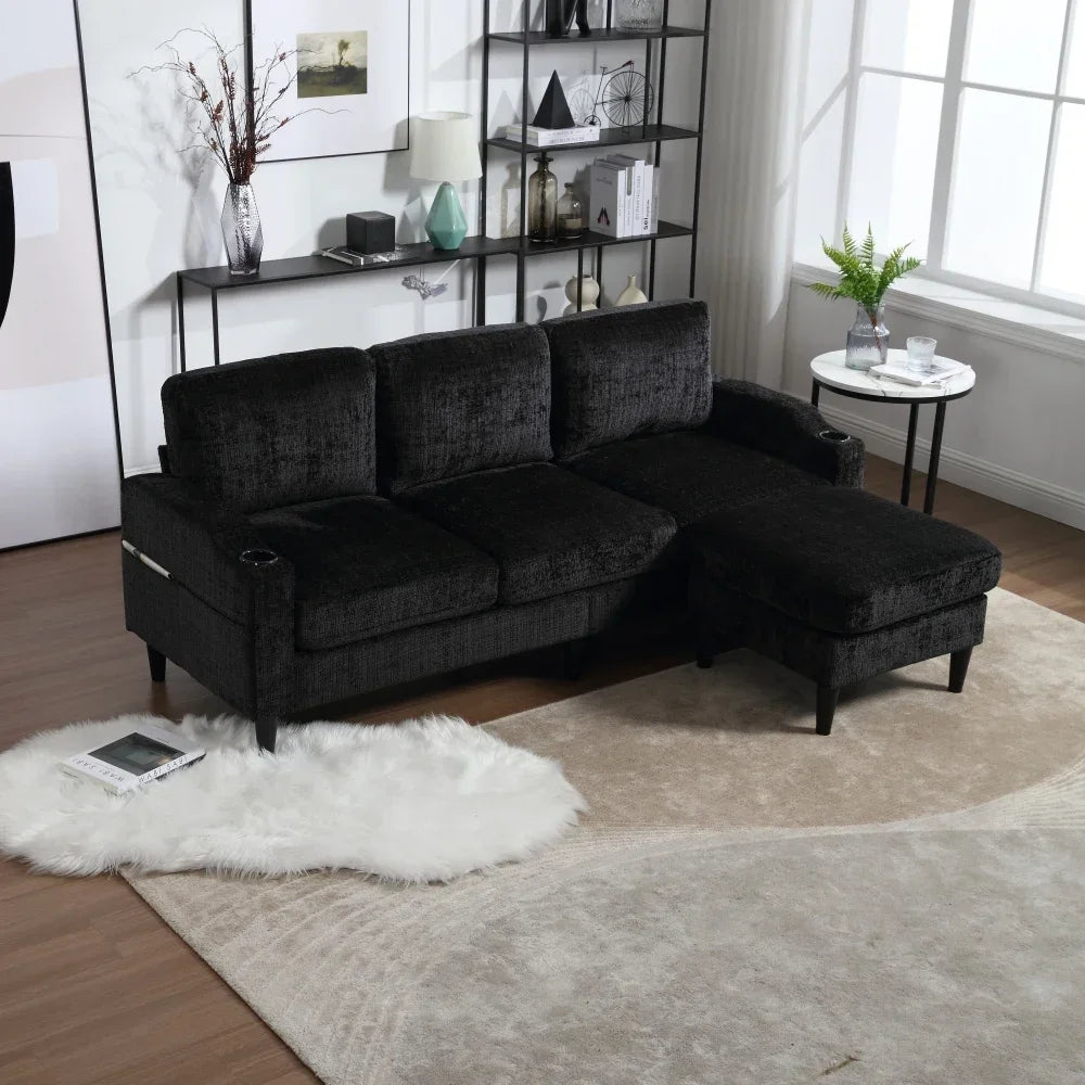 Canapé 3 Places en Chenille avec Pouf