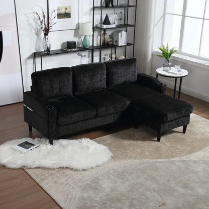 Canapé 3 Places en Chenille avec Pouf