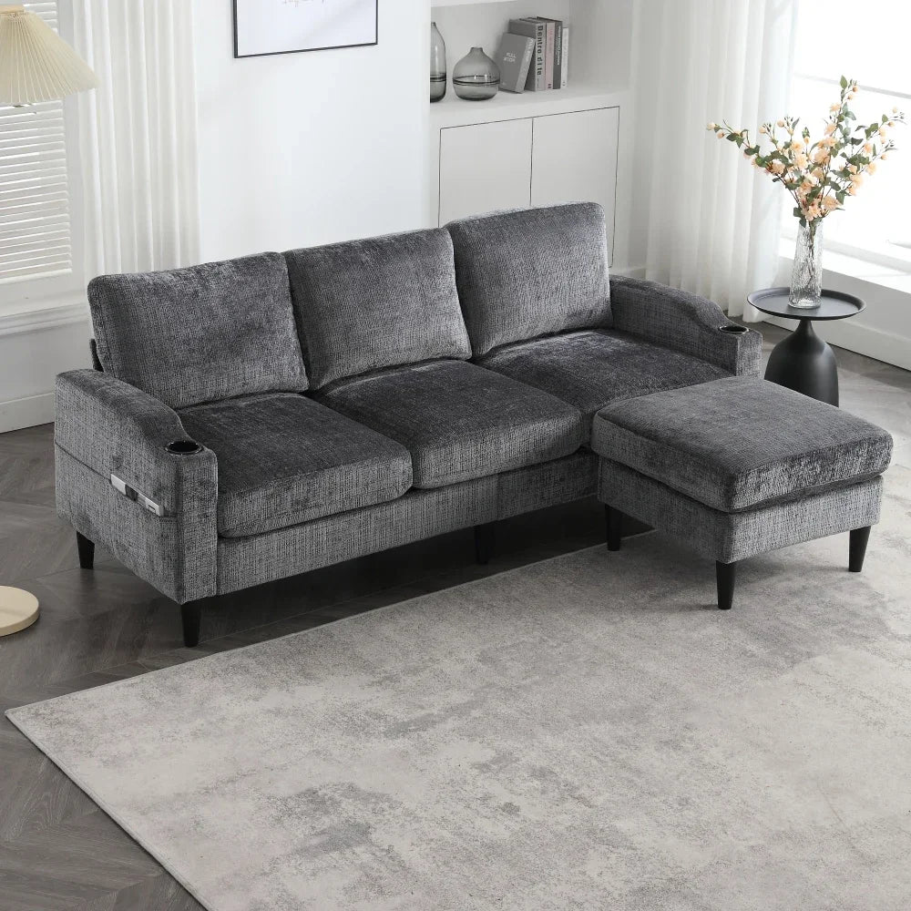 Canapé 3 Places en Chenille avec Pouf