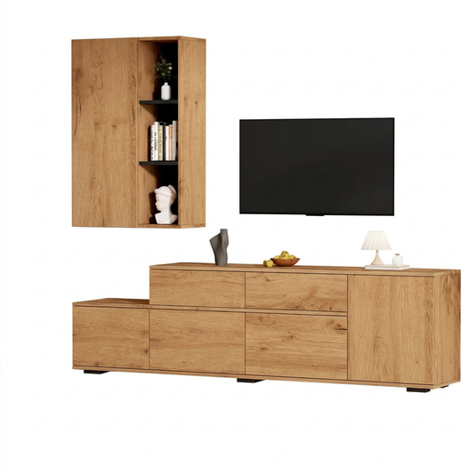 Ensemble meuble TV vitrine chêne portes fermées sur fond blanc