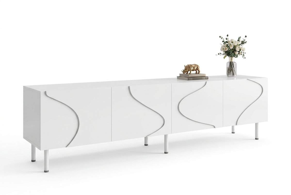 Meuble TV blanc courbes 3D sur fond blanc