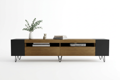 Meuble TV noir & bois sur fond blanc