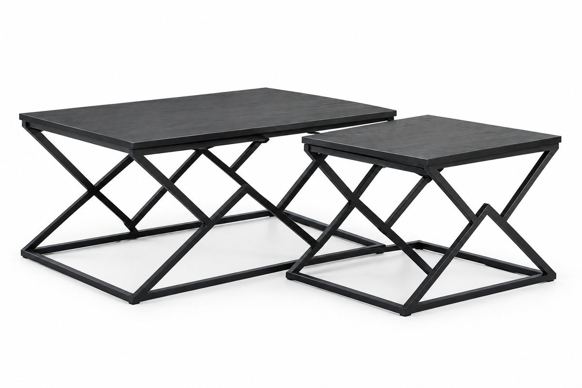Set 2 tables basses noires géométriques fond blanc
