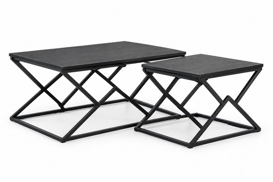 Set 2 tables basses noires géométriques fond blanc