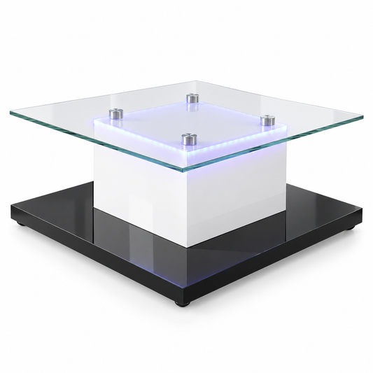 Table basse noir blanc verre trempé LED fond blanc