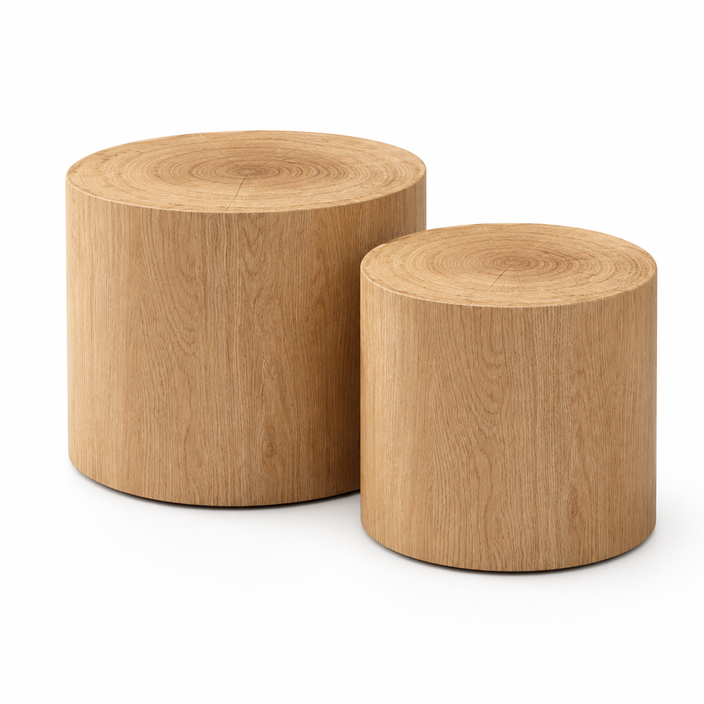 Tables basses rondes bois naturel fond blanc